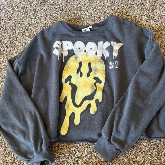 Tops - SmileyWorld "Spooky" Grey Cropped Sweatshirt with Yellow Melted Smiley